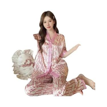 Imagem de Conjunto De Pijama Feminino De Verão Em Seda Gelada, Manga Curta, Caim