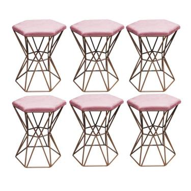 Imagem de Kit 06 Puff Banqueta Louis Industrial Hexágono Ferro Bronze Suede Rose Gold