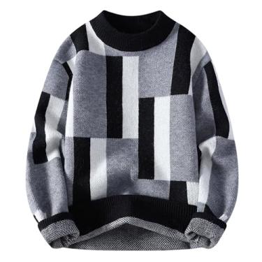 Imagem de Suéter masculino Argyle tricotado camada base contrastante suéter fino borda canelada gola redonda pulôver camada base, Cinza, G