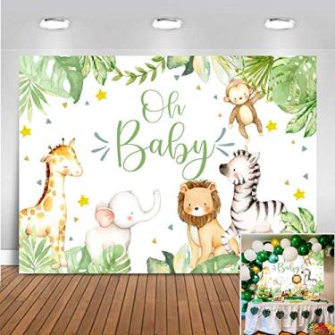 Imagem de Mocsicka Pano de fundo para meninos safári para chá de bebê Oh Baby Jungle Animals Photography Background Vinyl Zoo Animal Green Leaves Photo Booth Banner Supplies (2,1 x 1,5 m)