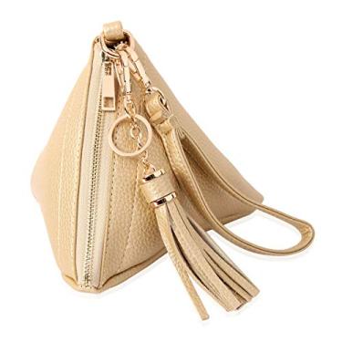 Imagem de Bolsa clutch de couro vegano triangular – Bolsa de coquetel para noite pirâmide com alça removível e pingente de borla, Rose Gold, One Size