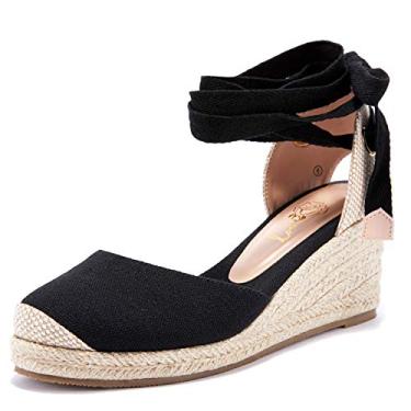 Imagem de Ruanyu sandálias femininas plataforma plataforma espadrille sandálias anabela bico fechado com cadarço salto alto sandálias, 1-black, 9