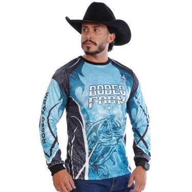 Imagem de Camisa Masculina Manga Longa Azul Country Dry Fit Proteção UV - Rodeo 
