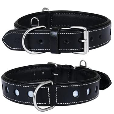 Imagem de DowgClub | Coleira de couro genuíno para cães | Grão integral, resistente | Confortável, acolchoada, forte | Melhor para filhotes, raças pequenas, médias, grandes e GG (GG (tamanho do pescoço 55,88-66 cm), corvo)