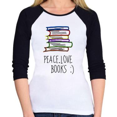 Imagem de Baby Look Raglan Peace Love Books Manga 3/4 - Foca na Moda, Branco, Pr