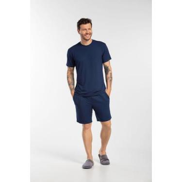 Imagem de Conjunto Pijama Masculino Em Malha Curto  - Cor De Cacau, G, Azul mari
