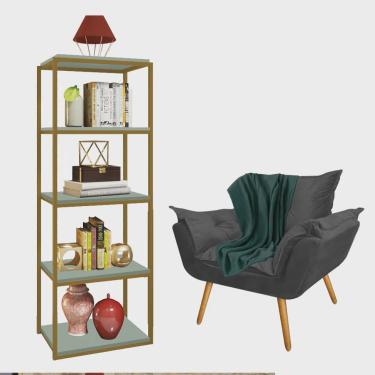 Imagem de Kit Poltrona Fatte com Manta Soft Verde e Estante Livreiro Ferro Dourado mdf Verde Oliva Suede Cinza - Ahazzo Móveis
