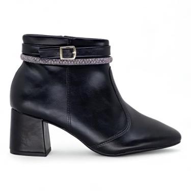 Imagem de Bota Beira Rio Feminina Cano Curto Salto Grosso Brilho, Preto, 38