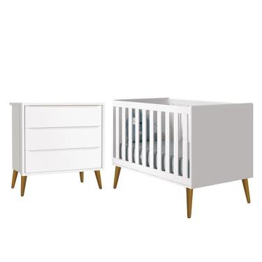 Imagem de Jogo De Quarto Infantil Theo Retrô Cômoda 3 Gavetas E Berço Branco Fosco Com Pés Amadeirado - Reller Móveis Branco Fosco