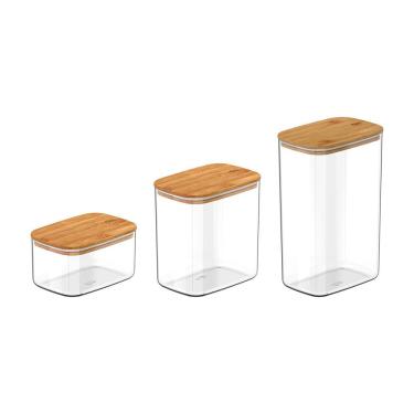 Imagem de Conjunto De Potes Herméticos Retangular Keep 3 Peças Transparente Com Tampa De Bambu Ou