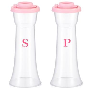 Imagem de Romooa Conjunto de 2 saleiros e pimenteiros de plástico com tampas, grande ampulheta, saleiro, à prova de umidade, recipiente de pimenta para casa, cozinha, restaurante, acampamento (rosa)