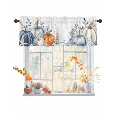 Imagem de Cortina de saia de abóbora azul laranja para janelas Kithchen, cortina de camada de coral, estrela do mar, tratamento de janela, outono, dia de Ação de Graças, sanefas para quarto/sala de estar