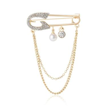 Imagem de Broche de segurança da moda com correntes de borla penduradas, pingente decorativo de zircônia cúbica cristal pérola colar pinos de etiqueta para suéter, vestido, saia, gravata punk, acessórios para