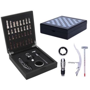 Imagem de Kit Vinho Com 4 Acessórios Inox E Tabuleiro Jogo De Xadrez - MIMO STYL