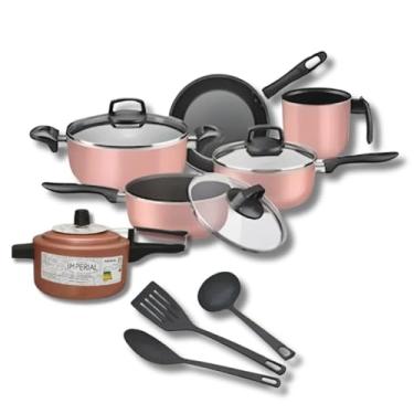 Imagem de Conjunto Jogo 9pç Panelas Antiaderentes Teflon Tampa Vidro (Rose)