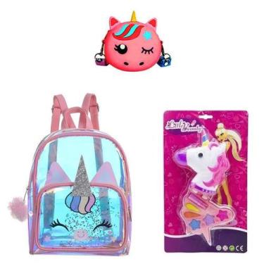 Imagem de Kit Infantil Mochila Holográfica Bolsa e Maquiagem Unicórnio - BD Net
