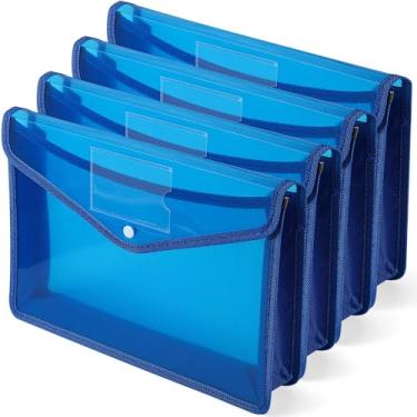Imagem de Pacote com 4 pastas expansíveis de plástico A4, organizador de documentos à prova d'água com botão de pressão, vários bolsos, armazenamento de escritório doméstico (azul)