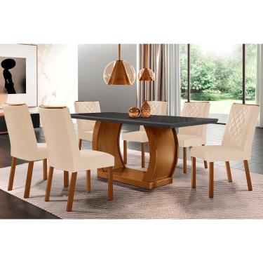 Imagem de Sala de Jantar Completa Jade Tampo Madeirado c/ Vidro Reto 180x90 e 6 Cadeiras Jade Imbuia/Suede Creme - Rufato