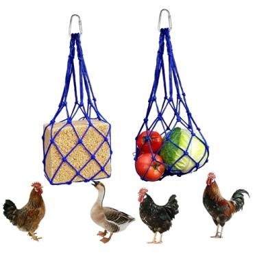 Imagem de Alimentador suspenso de galinha e vegetais, 2 peças, saco de corda reutilizável, alimentador de pendurar para galinhas, patos, brinquedos de enriquecimento, suporte de petisco, acessório de aves sem