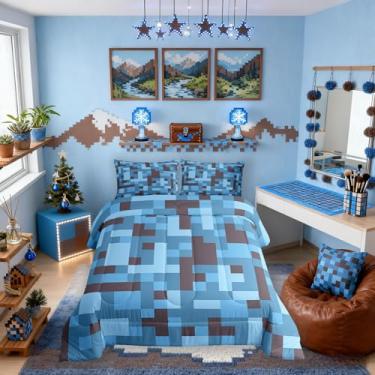 Imagem de Conjunto de edredom infantil Pixel Grid Miners, tamanho casal, gamepad, videogame, decoração de quarto de meninos, edredom geométrico camuflado, preto, azul claro, conjunto de edredom para quarto, 2