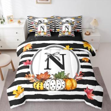 Imagem de Erosebridal Jogo de cama solteiro com laço de letra preta, 7 peças, lençol com letra N, para crianças, meninos, meninas, colheita de outono, folha de bordo e abóbora, preto e branco, conjunto de cama
