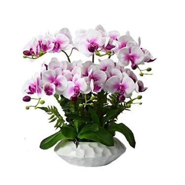 Imagem de DCYEQRQ Vaso de flores artificiais em vaso de orquídea borboleta, conjunto de vaso de flores artificiais, decoração de interior em vaso artificial, buquê de flores falsas, plantas, flores artificiais