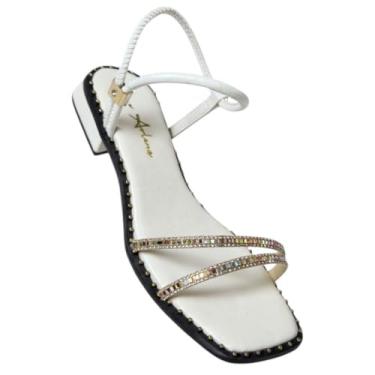 Imagem de Sandália Tamanco Feminino Salto Bloco Baixo Strass Colorido Moda Casual Confortável Verão (Off White, BR, Adulto, Numérico, 38)