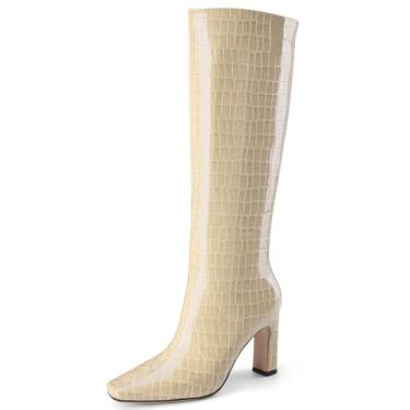 Imagem de Perisis Botas de cano alto femininas pretas longas botas altas de salto alto grosso bico quadrado padrão crocodilo botas de couro com zíper lateral para mulheres sexy, Estampa nude, 41