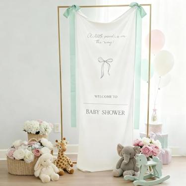 Imagem de HunnmingRe 152.4 cm x 61.0 cm Tecido Baby Shower Welcome Banner Sign A Little Pearl Is on the Way Grande Suporte de Exibição de Boas-Vindas Decoração com Fita de Laço para Cerimônia de Jardim Gramado