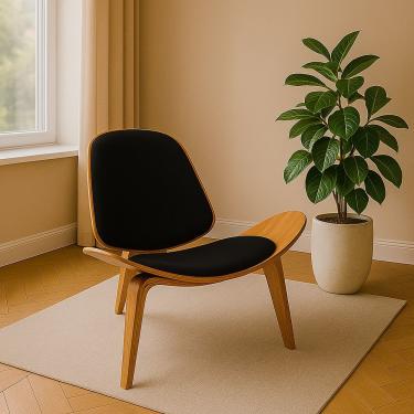 Imagem de Poltrona Decorativa Base De Madeira Shell Linho Preto P01 - D'rossi