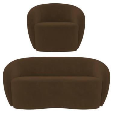 Imagem de Sofá 3 Lugares Living 180cm E 1 Poltrona Giratória Garbin Z08 Veludo Marrom - Mpozenato