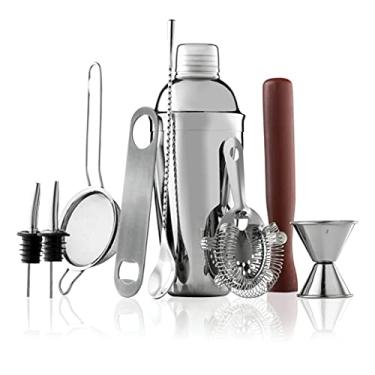 Imagem de Conjunto de coqueteleira de 10 peças com bolsa de viagem – kit de coqueteleira de aço inoxidável – kit de barman de mixologia – coador, muddler, jigger, colher de bar, abridor de garrafa, bicos de despejo – conjunto de bar
