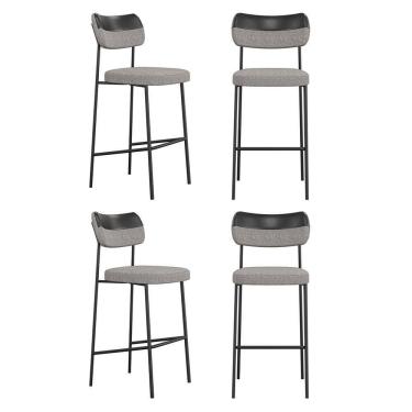 Imagem de Kit 04 Banquetas Altas Cozinha Lila Com Encosto Couríssimo Preto Linho Cinza - Desk Design