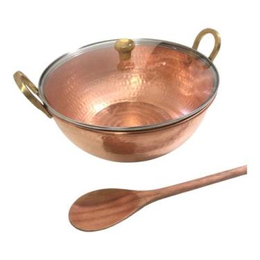 Imagem de Tacho De Cobre Puro Com Tampa De Vidro + Colher 5 Litros - Decobremeta
