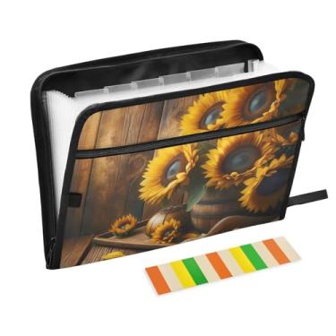 Imagem de Girassóis de madeira vintage 082 Pasta organizadora de arquivos sanfonada para tamanho carta e tamanho A4 para material de escritório escolar