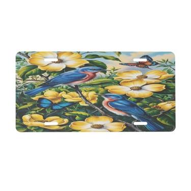 Imagem de Placa de licença de flores de primavera pássaros para frente do carro placas de carro alumínio metal adequado para caminhão, placa de porta de carro, bar, café, acessórios automotivos para homens e