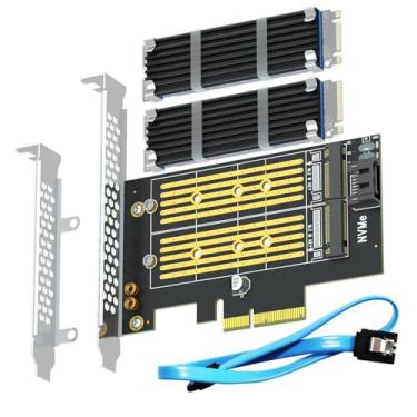 Imagem de GLOTRENDS Adaptador PCIe duplo M.2 X4 para um SSD M.2 PCIe e um SSD M.2 SATA, suporta inicialização de SO a partir de SSD M.2 PCIe ou M.2 SATA SSD, incluindo 2 x dissipador de calor e almofada térmica M.2 e parafusos M.2 (PA12-HS)