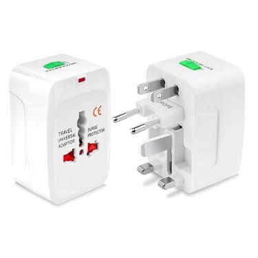 Imagem de KIT 2 Adaptador Tomada Universal para Viagem Padrão Internacional + de 150 Países Bivolt Branco (USA, UK, AU, Argentina, Europa) Premium com Trava de segurança e Luz Indicativa