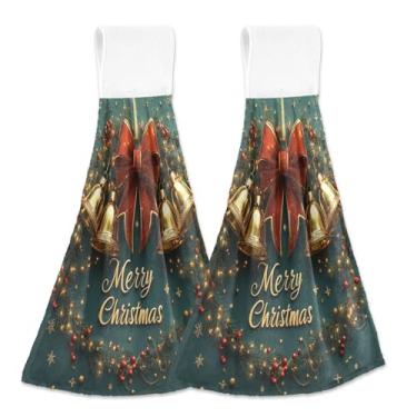 Imagem de Blueangle 2 peças de toalhas de gravata penduradas com sinos de Natal toalha de mão de cozinha absorvente de veludo coral macio pano de pano para cozinha e banheiro (677)