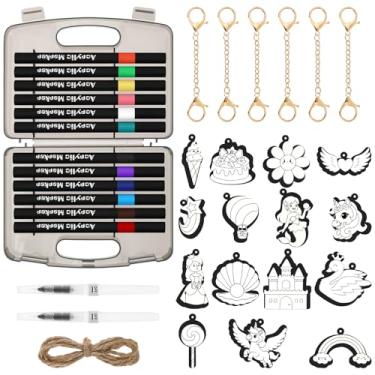 Imagem de ZFLYCANP Tinta mágica inchada, kit de pintura de textura de espuma mágica, incluindo 15 peças, papel, 12 canetas coloridas e 2 canetas de água, 6 chaveiros, 1 corda e manual para kit de pintura de