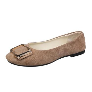 Imagem de Tênis feminino casual cor doce com fivela decorativa e bico quadrado tamanho grande para trabalho e dia a dia, Caqui, 35