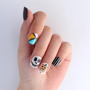 Imagem de Mivota Pregos postiços quadrados curtos de Dia das Bruxas, rosa e gótico, preto com demônio, design fantasma, unhas acrílicas assustadoras com acabamento em gel, kit de cola grossa reutilizável nas