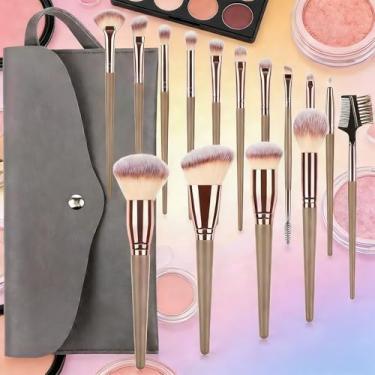 Imagem de Conjunto de pincéis profissionais de maquiagem 15 peças, ferramentas de beleza marrons para mulheres, sombra em pó, base, contorno, blush