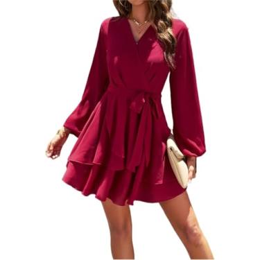 Imagem de Vestido Casual Feminino Com Cinto Decote Em V Manga Comprida Babado Elegante Mini Curto Balanço Swing Vestidos De Patinador, Red, XL
