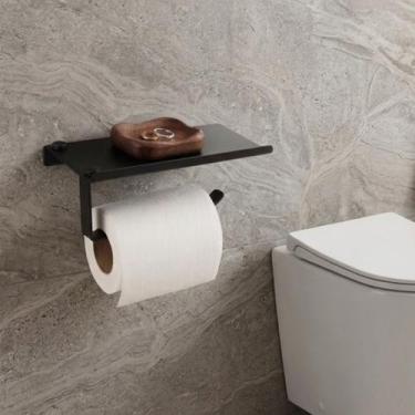 Imagem de Suporte Papel Higiênico Papeleira Parede Banheiro Preta Alumínio Porta