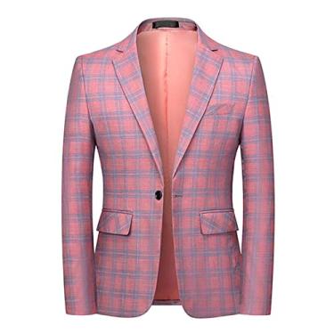 Imagem de Blazer masculino primavera casual xadrez poliéster slim terno jaqueta formal negócios jantar casacos clássico chique um botão manga comprida, rosa, 5GG (busto: 120 cm)