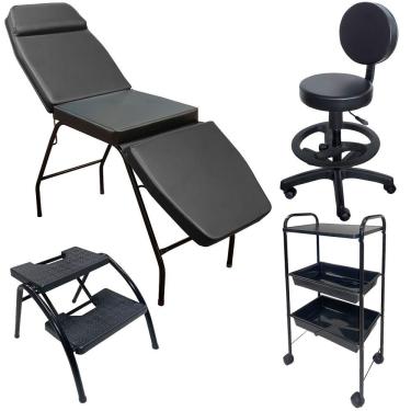 Imagem de Kit Estética Preto Maca 3 posições, Mocho, Escada e Carrinho