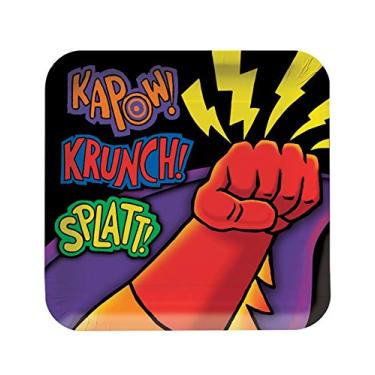 Imagem de 8 pratos de jantar quadrados de papel, diversão super-herói