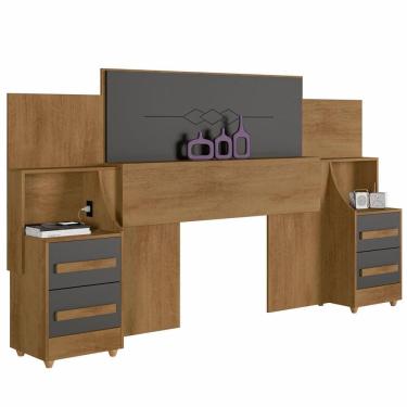 Imagem de Cabeceira para cama box Casal/Queen/King RV Móveis com 02 mesas de cabeceira com tomada Cinamomo Grafite