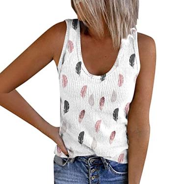 Imagem de Camiseta regata feminina de malha canelada para o verão, ajuste solto, gola V, sem mangas, estampa floral, Branco, GG